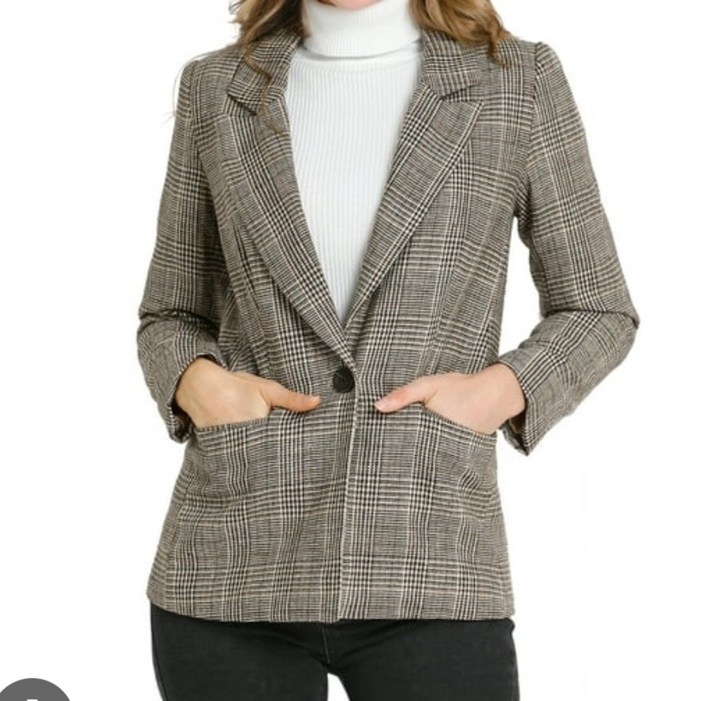 Allegra K Women's Checkered Blazer - Brown and Black